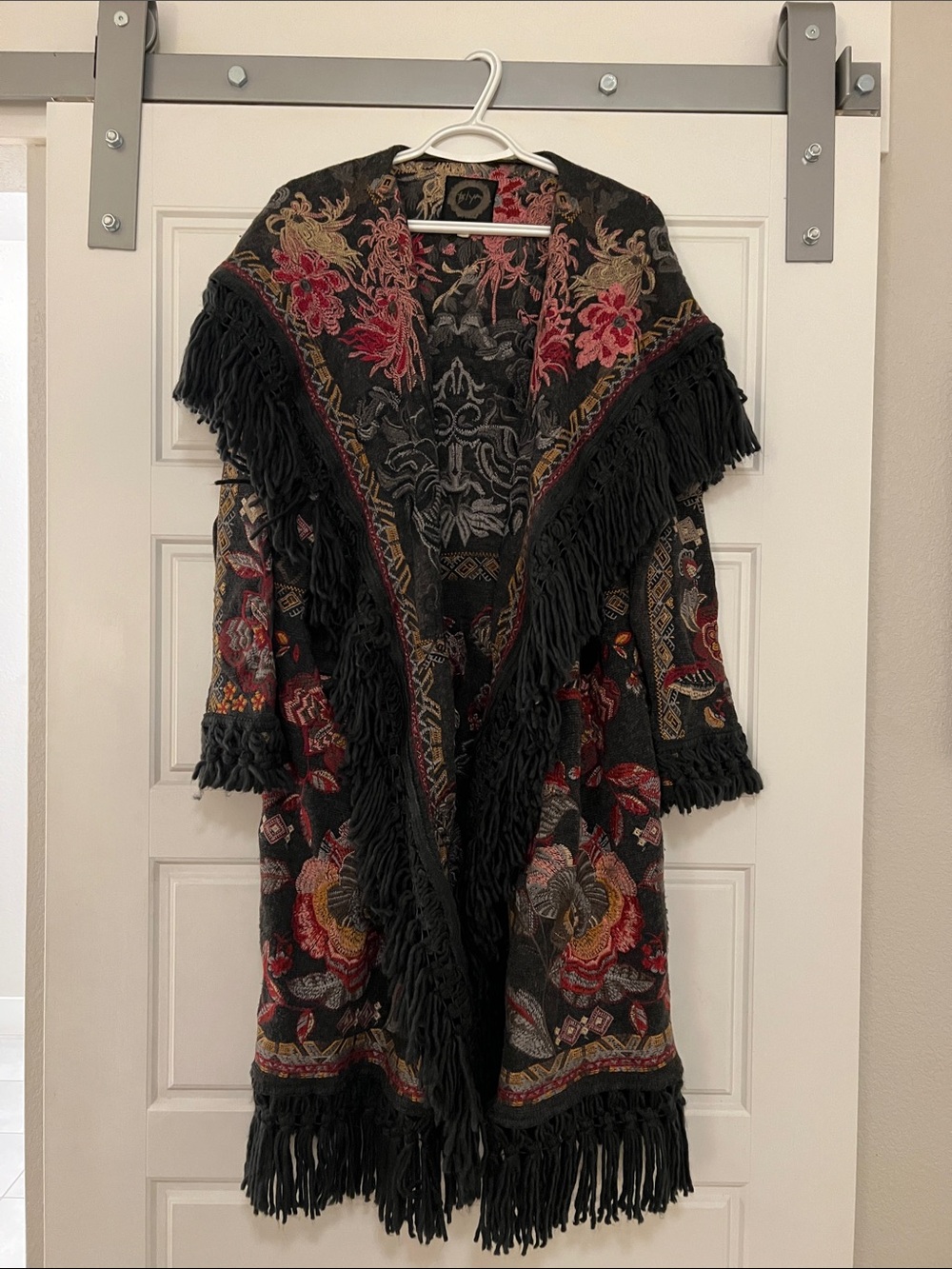 Johnny Was Black Floral Fringe Open-Front Knit Cardigan